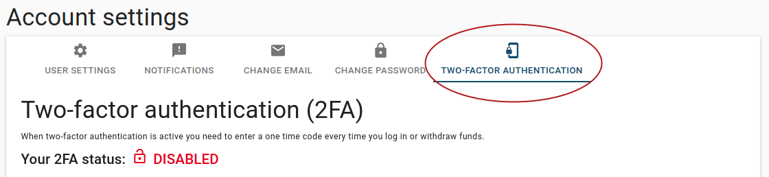 account settings page with 2fa tab marked