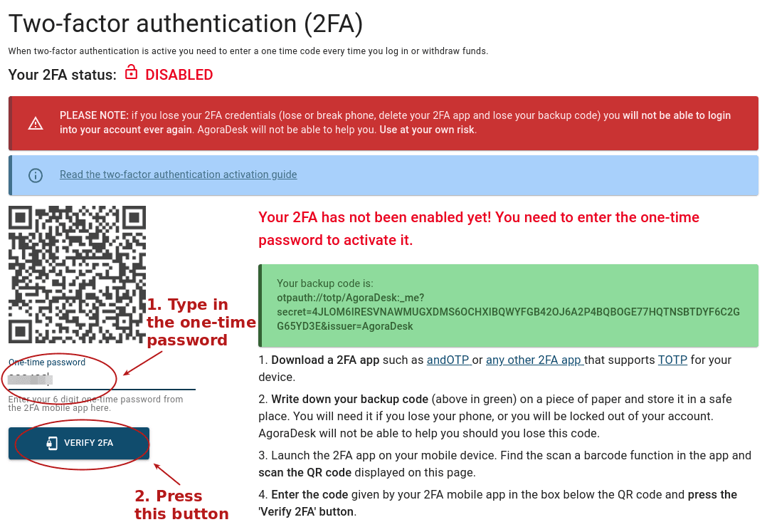 2fa confirmation page with one time password input marked