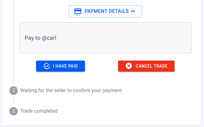 buying cryptocurrency online trade window, showing chat, trade status and 'I have paid' button