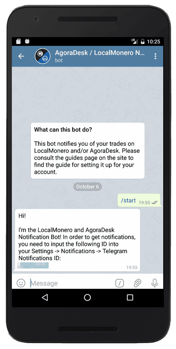 phone with telegram app with initiated localmonero notification bot session