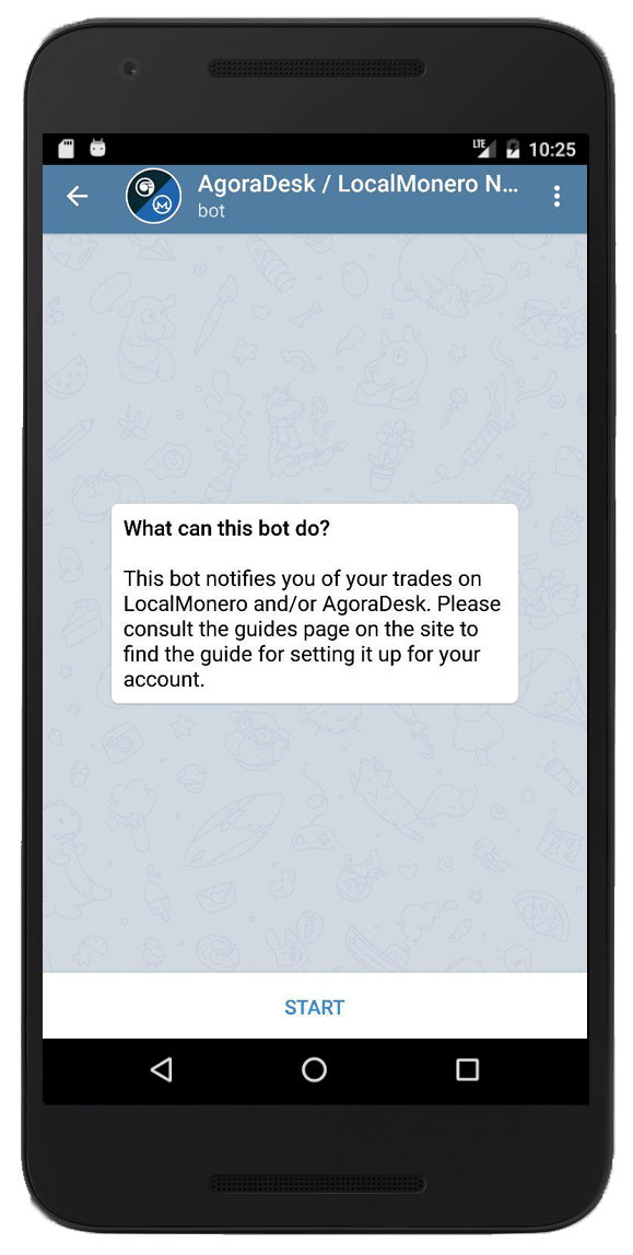 phone with telegram app initial chat screen with localmonero notification bot