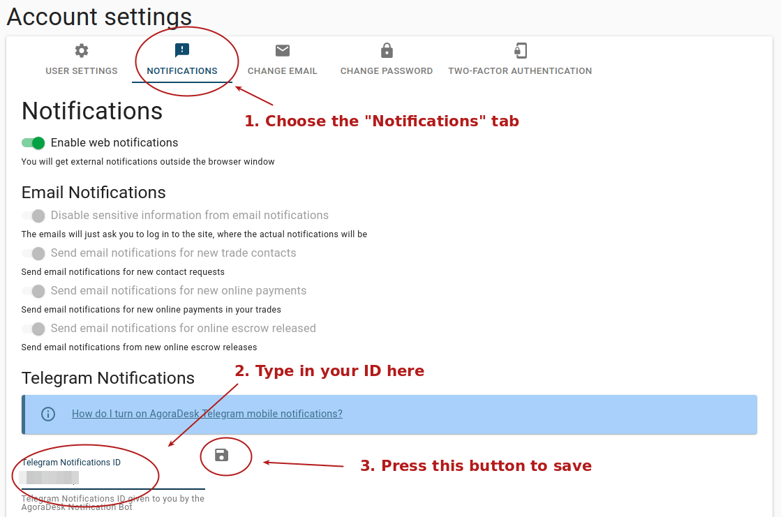 account settings with notification tab marked, showing where to input notification bot id